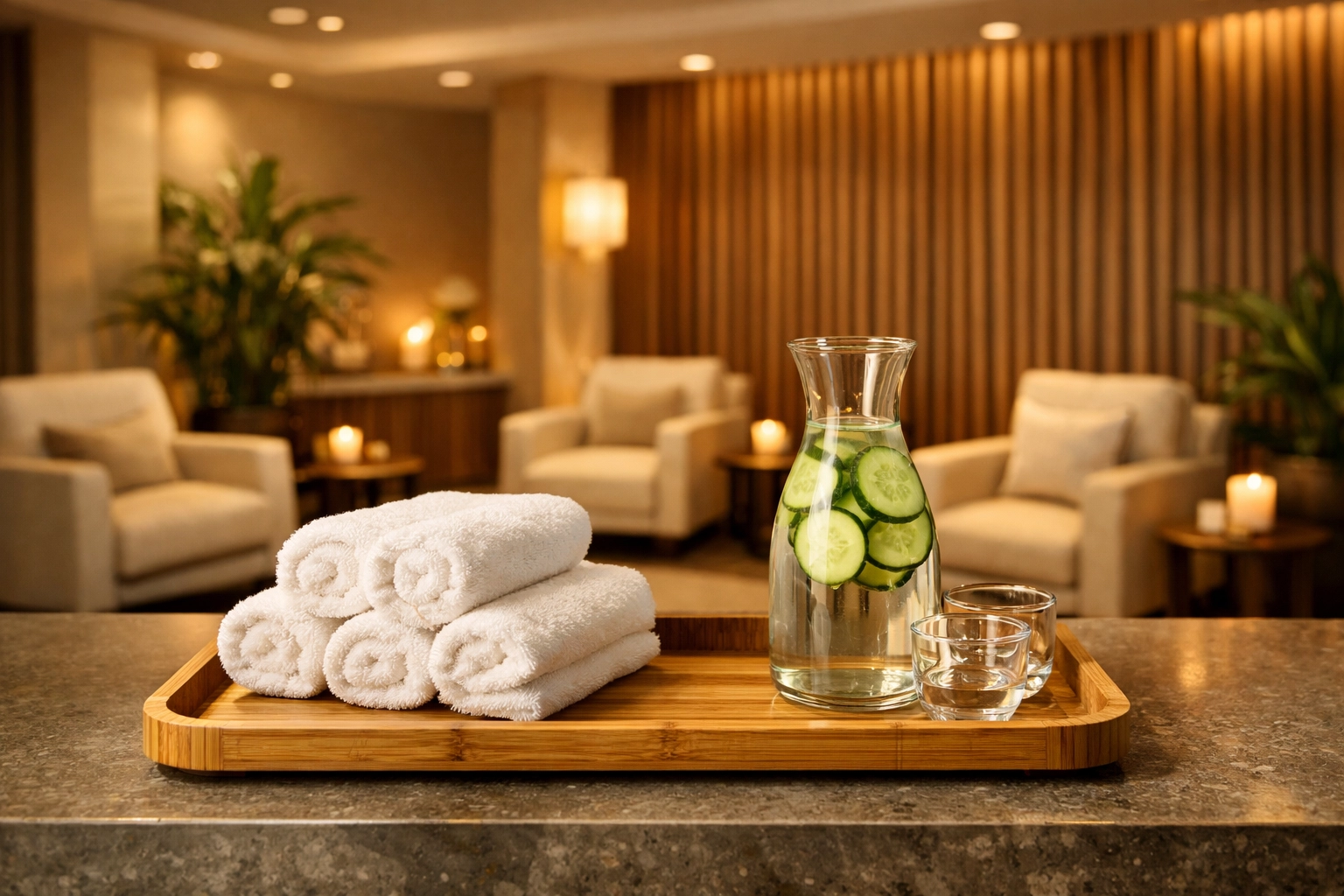 Welcoming reception lounge of a professional Matawan massage spa with clean towels and water.