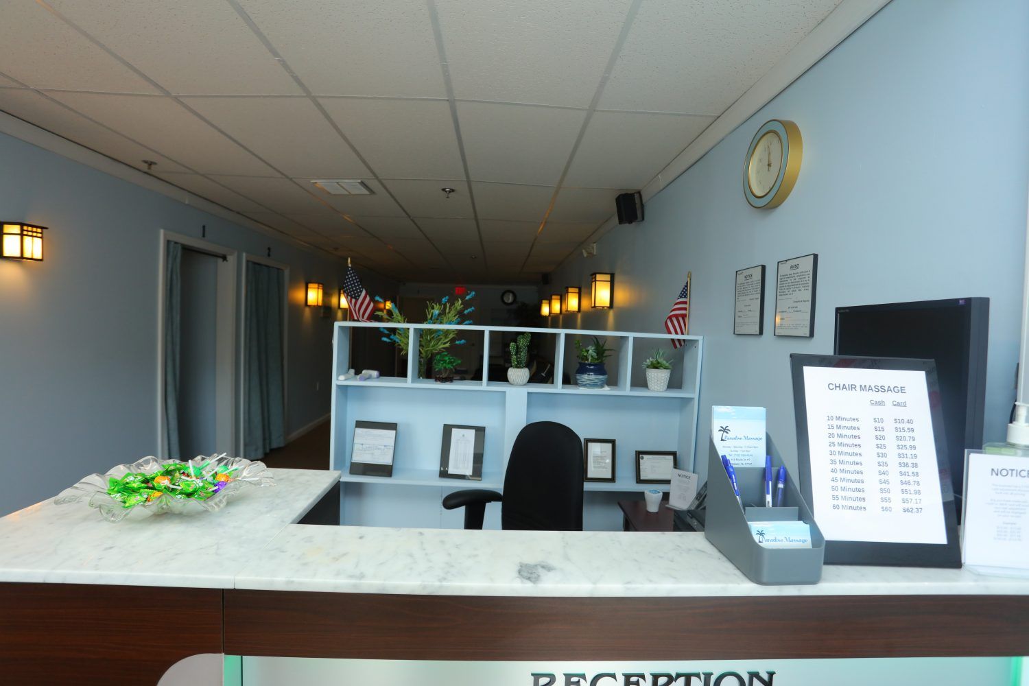 Our welcoming reception area at Paradise Massage