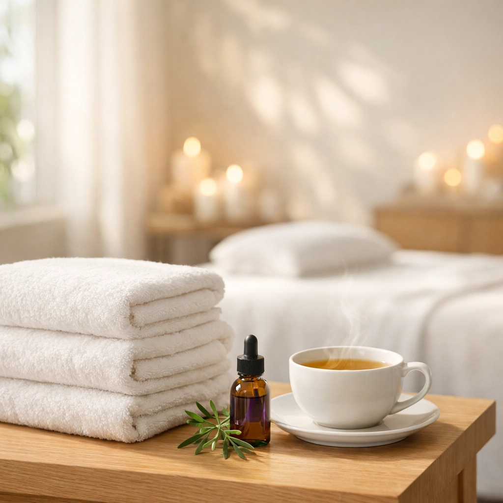 A tranquil spa setting with lavender oil and tea, promoting relaxation and better sleep through regular massage therapy.