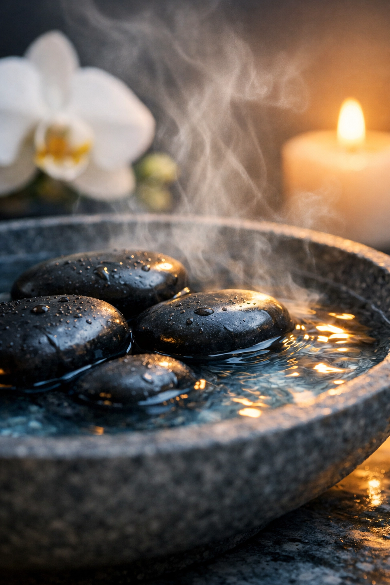 Heated basalt stones in steaming water for a therapeutic hot stone massage NJ to relieve tension.