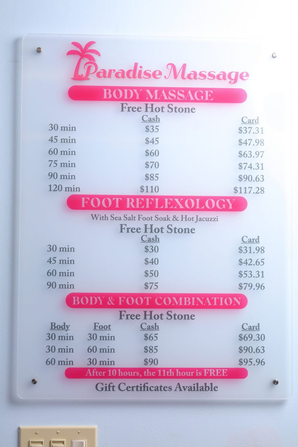 Paradise Massage service menu and pricing